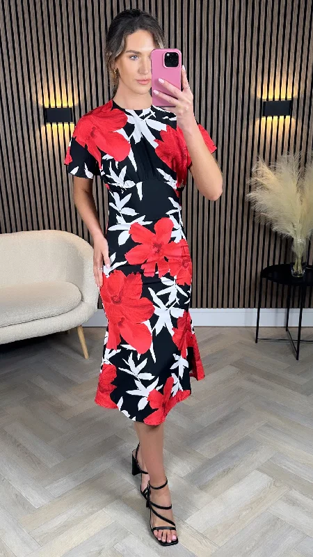 Alex Red Printed Floral Midi Dress